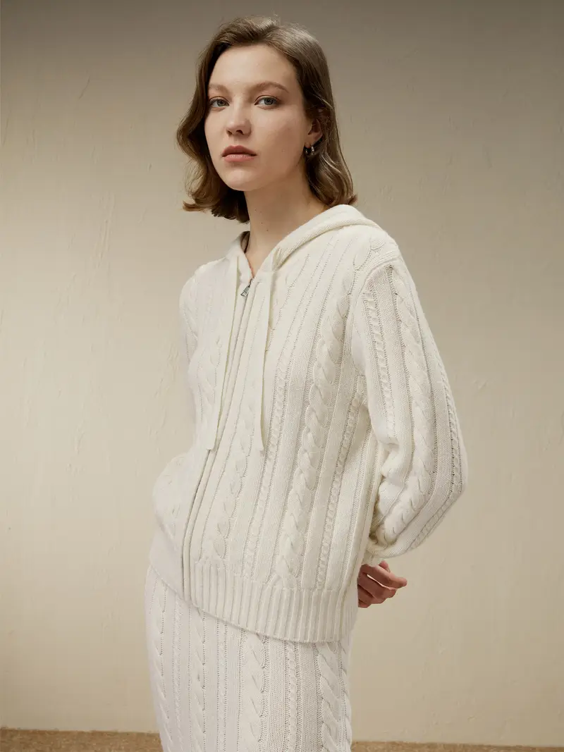 Maglione Di Lana Donna Bianco Felpa Con Cappuccio Con Zip Fusione Di Lana E Cashmere Privo Di Sostanze Chimiche Nocive