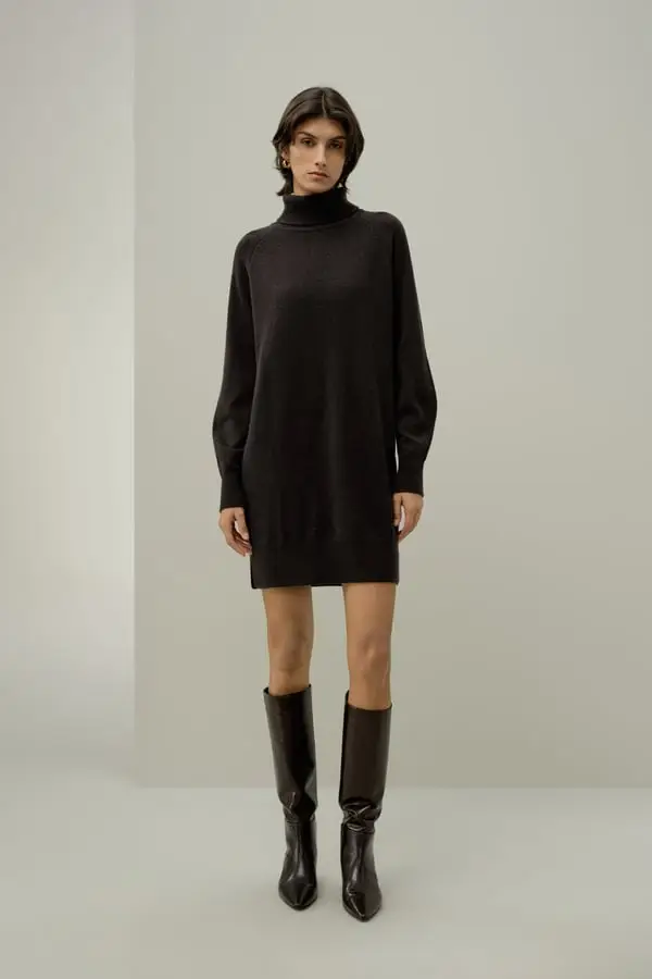Maglione Dolcevita Donna in Lana-Cashmere, Pullover a Treccia Morbido Espresso