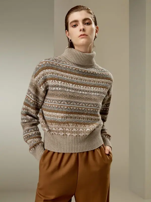 Maglione Donna 100% Cachemire Oversize Collo Alto Motivo Fair Isle