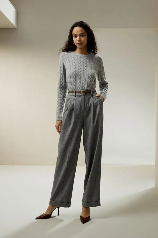 Maglione Donna Grigio in Lana Merino e Cachemire, Caldo ed Elegante, Girocollo a Trecce Gris