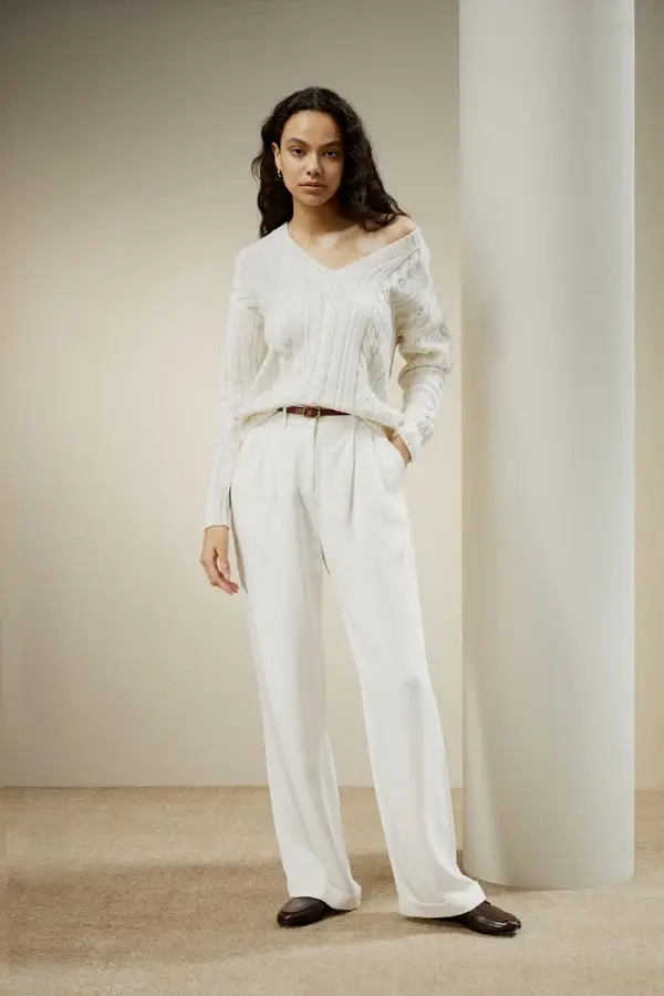 Maglione Donna Lana Cachemire Scollo a V Bianco