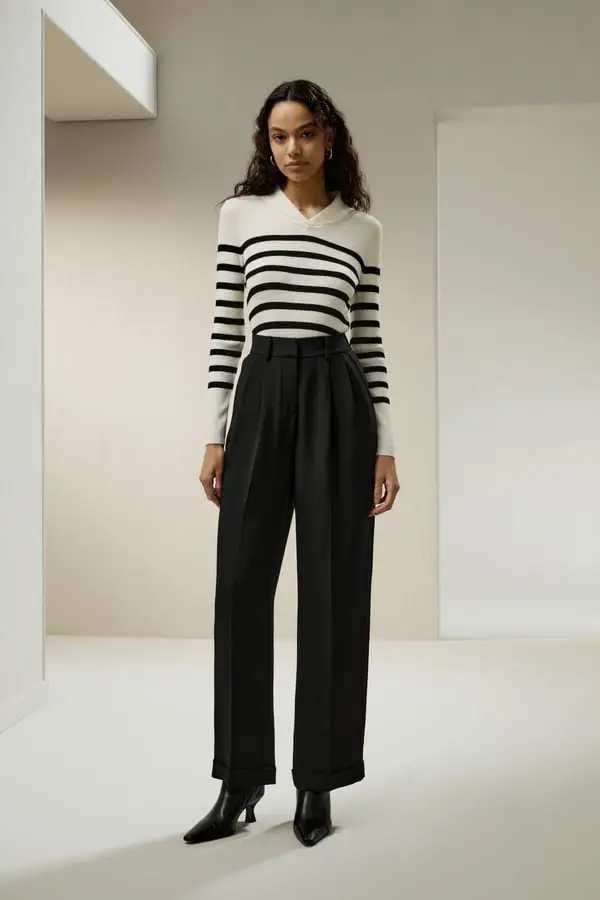 Maglione Donna Lana Merino Ultrafine Righe Classiche Bianco Con Strisce Nere