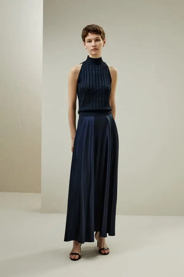 Maglione In Seta Blu-Marino Collo E Vita A Coste 100% Seta Selvatica Adatto A Tutte Le Stagioni