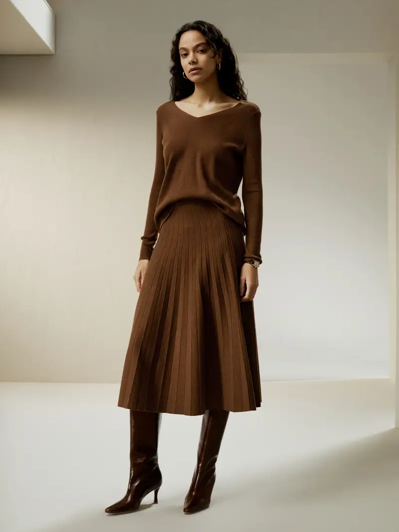 Maglione Lana Caramello Scollo A V, Spalla Scesa Rilassata Lana Merino Ultra Fine Delicato Per La Pelle E Traspirante