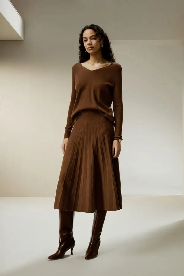 Maglione Lana Merino Ultra-Fine Scollo a V Caramello