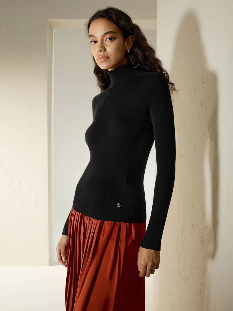 Maglione Seta Donna Nero Senza Cuciture, Dolcevita Seta E Cashmere Leggero, Morbido, Setoso E Isolante