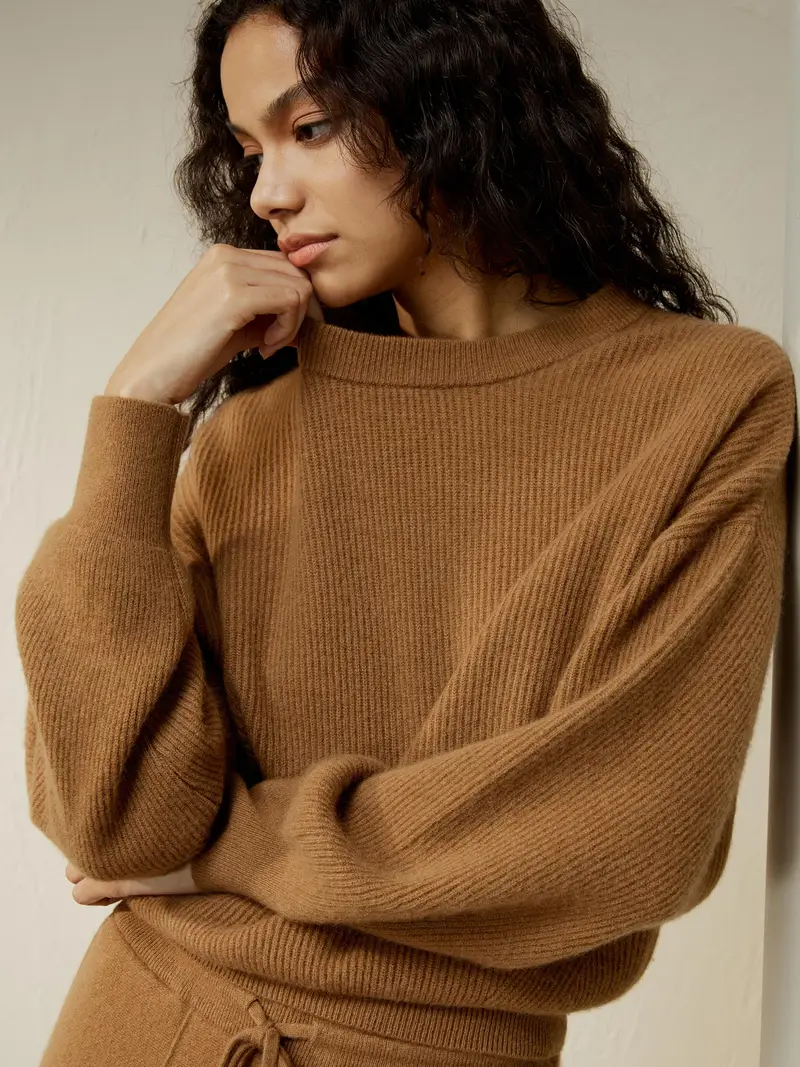 Maglioni Cashmere Caramello Maglia A Coste, Spalla Cadente 100% Cashmere Morbido Al Tatto Come Un Bambino