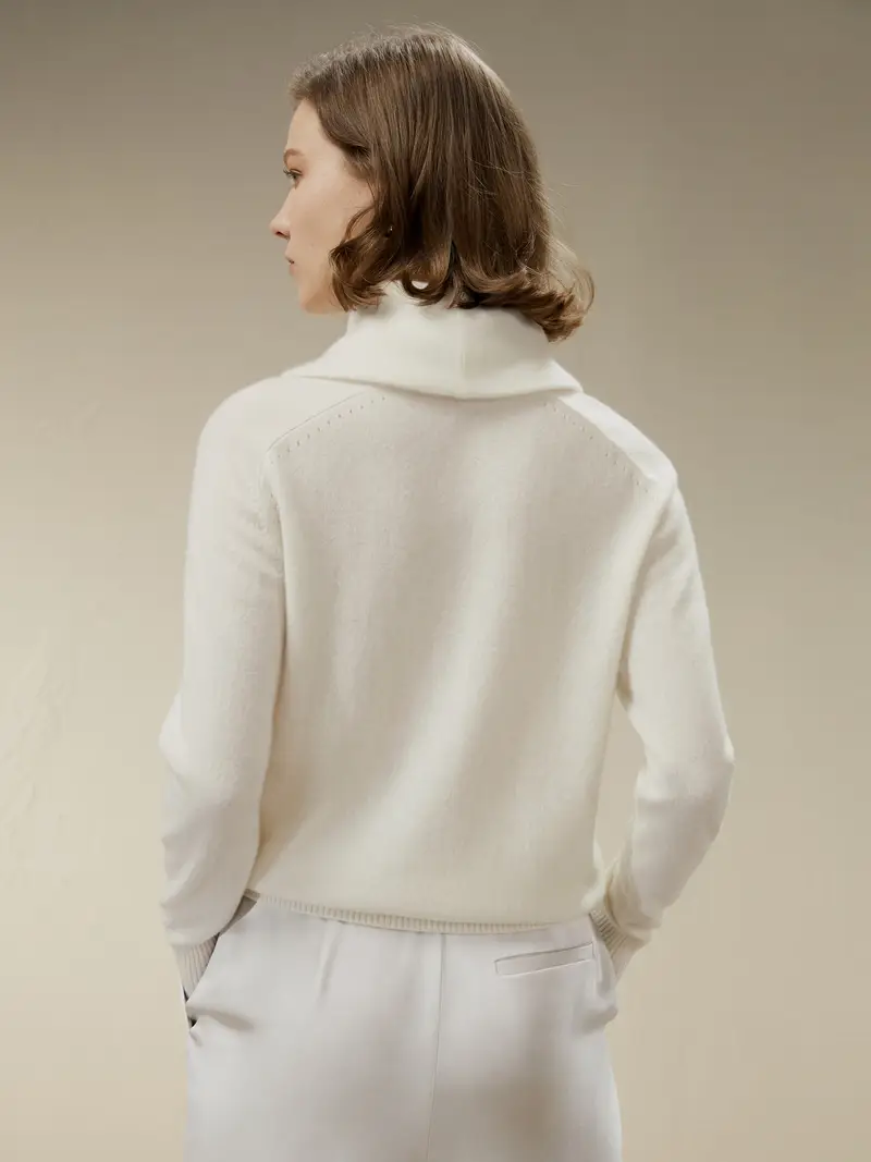 Maglioni Cashmere Donna Bianco Dolcevita Con Passamontagna, Taglio Aderente 100% Cashmere Adatto Per La Stratificazione Nei Mesi Più Freddi