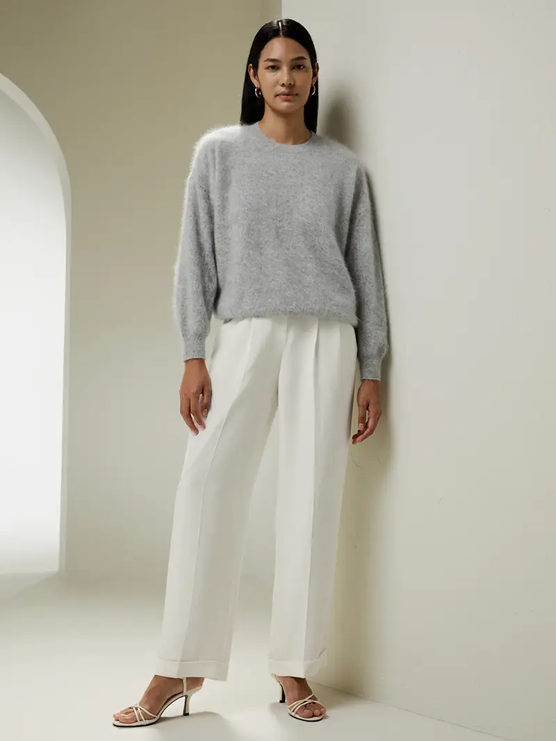 Maglioni Cashmere Donne Grigio Chiaro Scollo Rotondo, Spalle Scese 100% Cashmere Tecnica Giapponese Del Vello