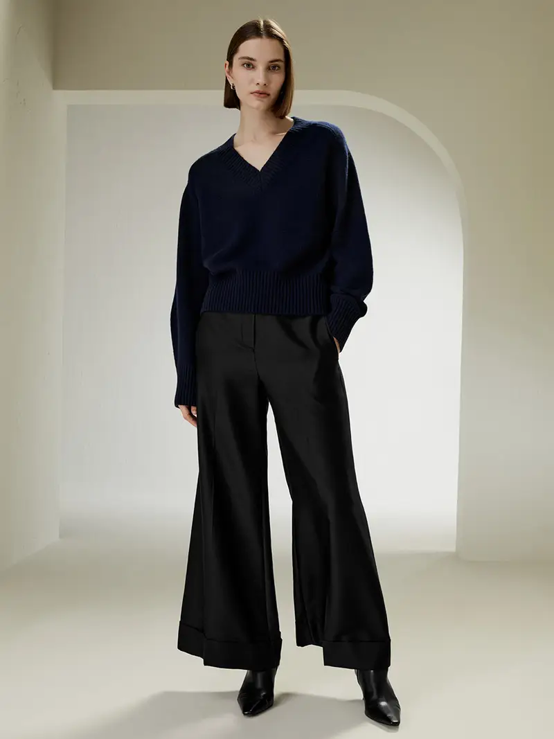 Maglioni Di Lana Blu Navy Scollo A V, Stile Oversize Lana E Cashmere Perfetto Per La Vita Di Tutti I Giorni