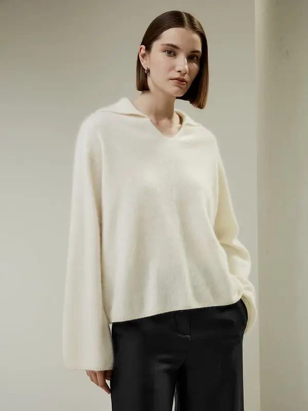 Maglioni Donna Cashmere Bianco Collo In Piuma, Leggermente Soffice 100% Cashmere Delicato Per La Pelle E Traspirante