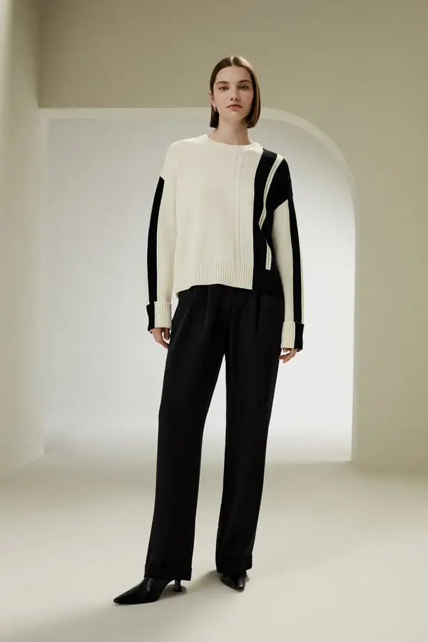 Maglioni Lana Blocco In Bianco E Nero Polsini Arrotolati E Orlo Dritto Lana Merino Ultra Fine Un Must-Have Per L'Autunno E L'Inverno