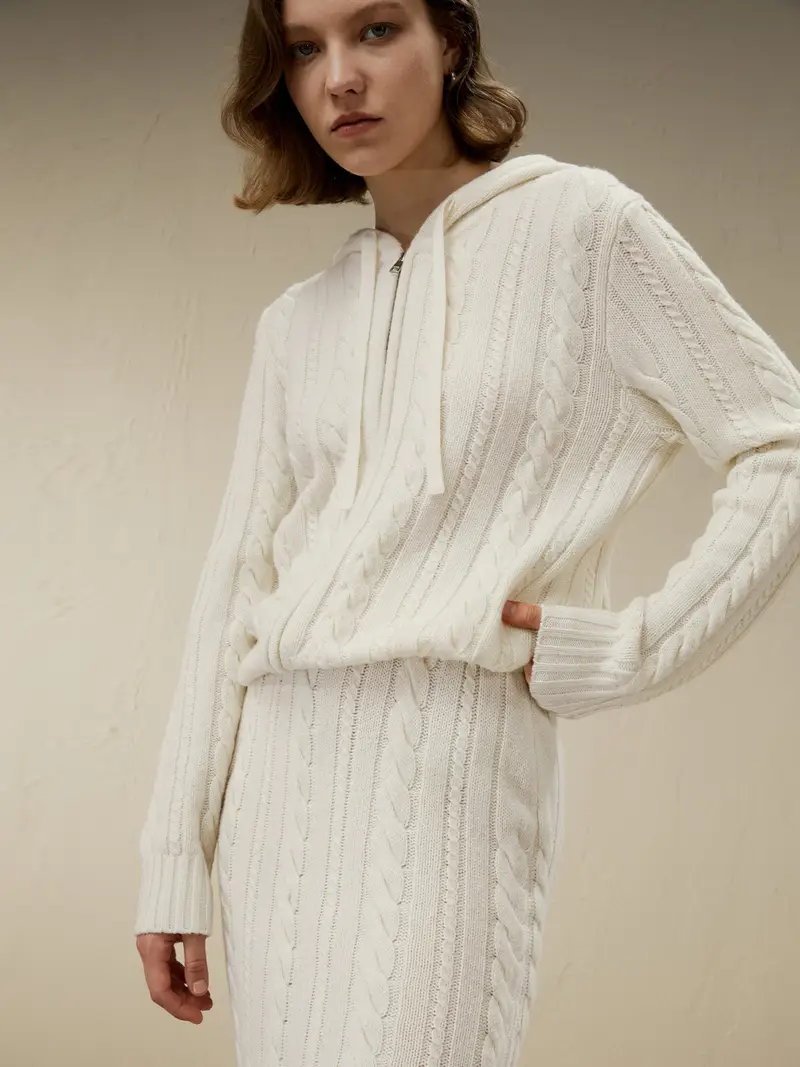 Maglioni Lana Donna Bianco Felpa Con Cappuccio Con Zip Fusione Di Lana E Cashmere Delicato Sulla Pelle E Traspirante