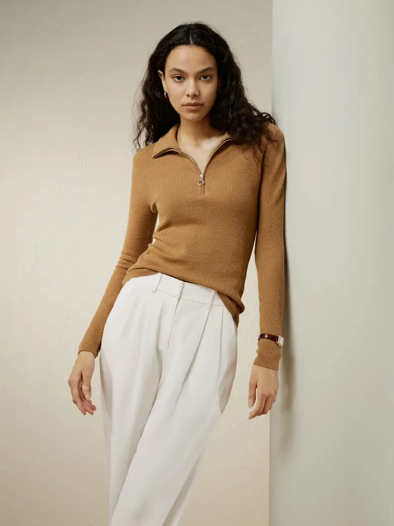 Maglioni Lana Donna Cammello Vestibilità Slim, Stile Athleisure 100% Lana Merino Ultrafine Traspirante, Delicato Sulla Pelle Ed Elastico