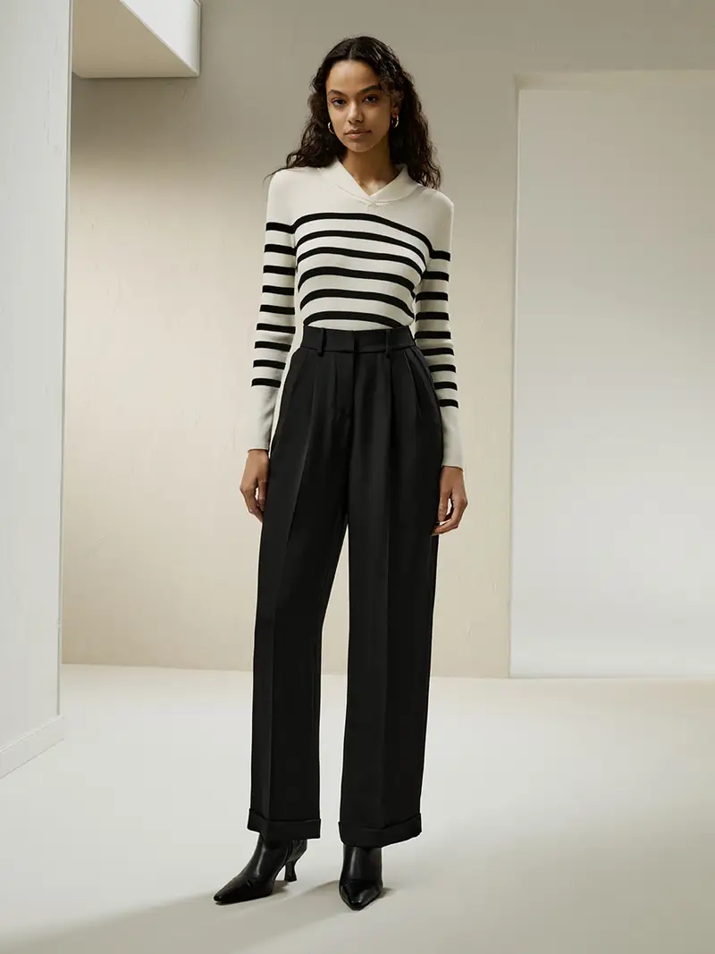 Maglioni Lana Donna Strisce Collo A Scialle, Vestibilità Slim 100% Lana Merino Ultra Fine Delicato Sulla Pelle E Traspirante