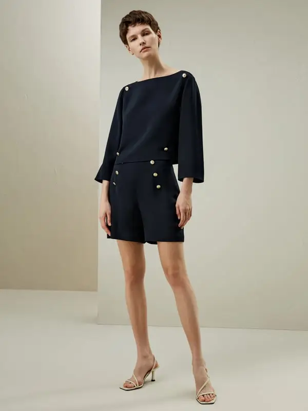 Pantaloncini Seta Eleganti Blu Notte Vita Alta Bottoni Crêpe de Chine