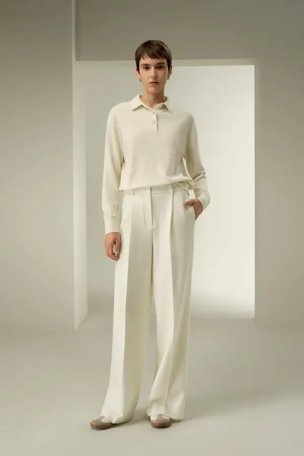 Pantaloni a Gamba Larga in Tweed Seta e Lana Bianco Fumo - Eleganti e Traspiranti