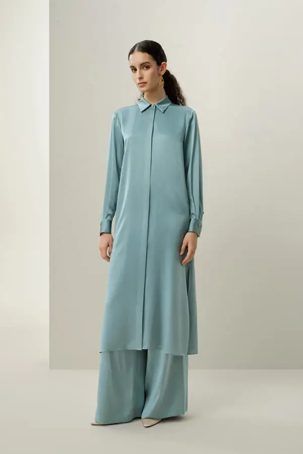 Pantaloni a Palazzo da Donna in Seta Stretch Eleganti a Zampa Larga Foschia Blu