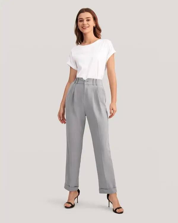 Pantaloni da Donna Eleganti in Seta Crepe De Chine a Vita Alta Affusolati Grigio Grigio 20