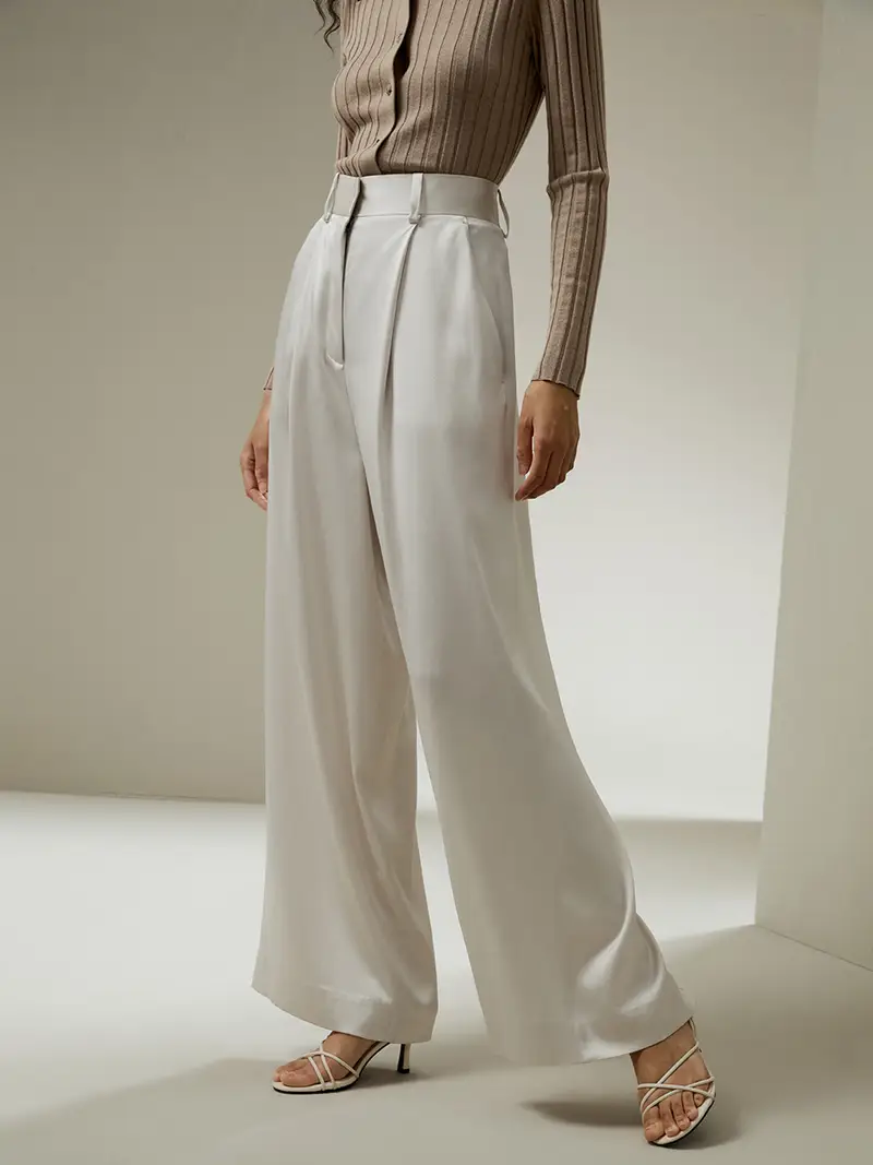 Pantaloni Di Seta Donna Chiaro Grigio Stile Chic, Passanti Per Cintura 100% Pura Seta Morbido Sulla Pelle E Traspirante