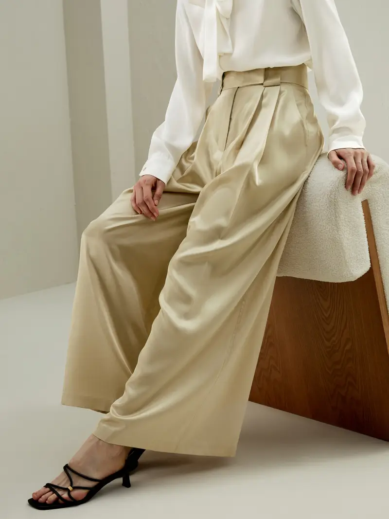 Pantaloni Di Seta Donna Gamba Ampia Pura Seta Di Gelso Drappeggia Bene Traspirante, Ipoallergenico Beige