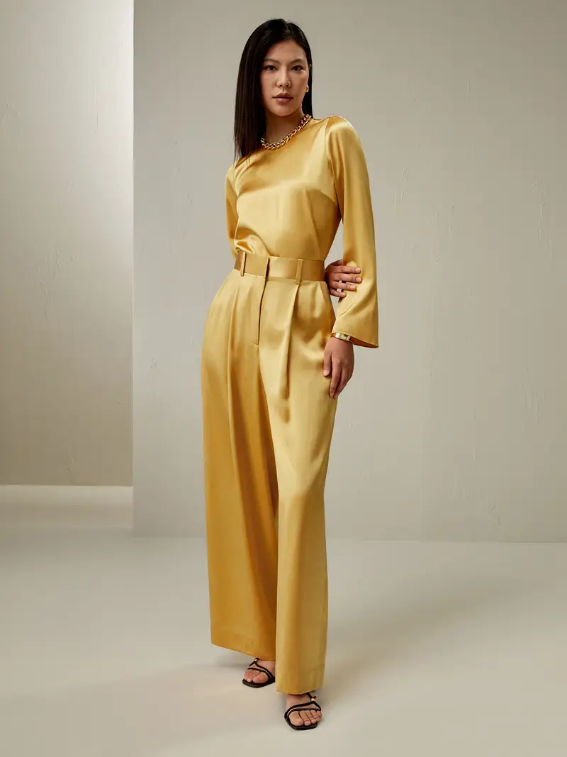 Pantaloni Di Seta Goccia Di Limone Vita Alta, Gamba Larga Seta Charmeuse 28 Mm Adatto A Tutte Le Stagioni