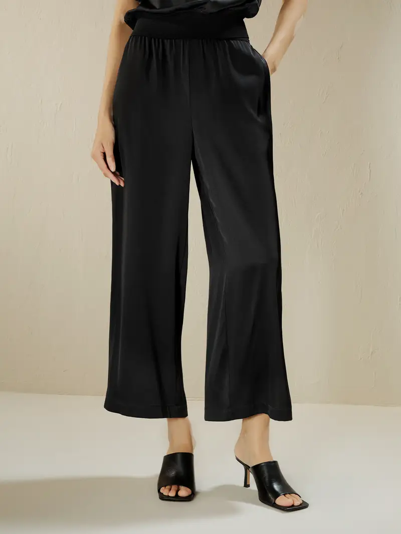 Pantaloni Di Seta Nero Vita Elastica Coperta Mummia Doppia In Georgette Di Seta Da Indossare Al Lavoro, Nel Tempo Libero O A Casa