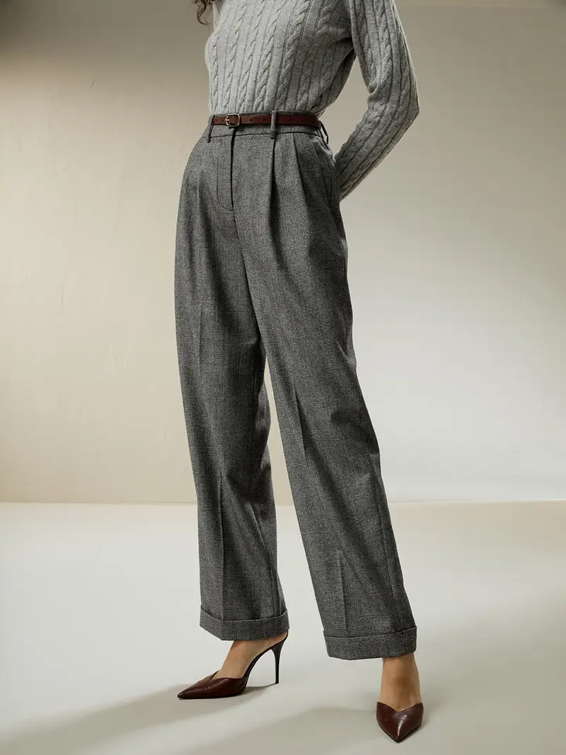 Pantaloni Donna Glen Plaid Stile Classico, Vestibilità Regolare 100% Lana Vita Con Bottoni Elastici E Passanti Per La Cintura