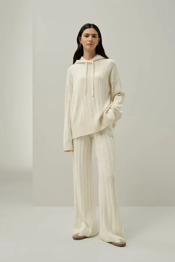 Pantaloni Donna in Cashmere a Gamba Larga Morbidi a Coste Eleganti Bianco