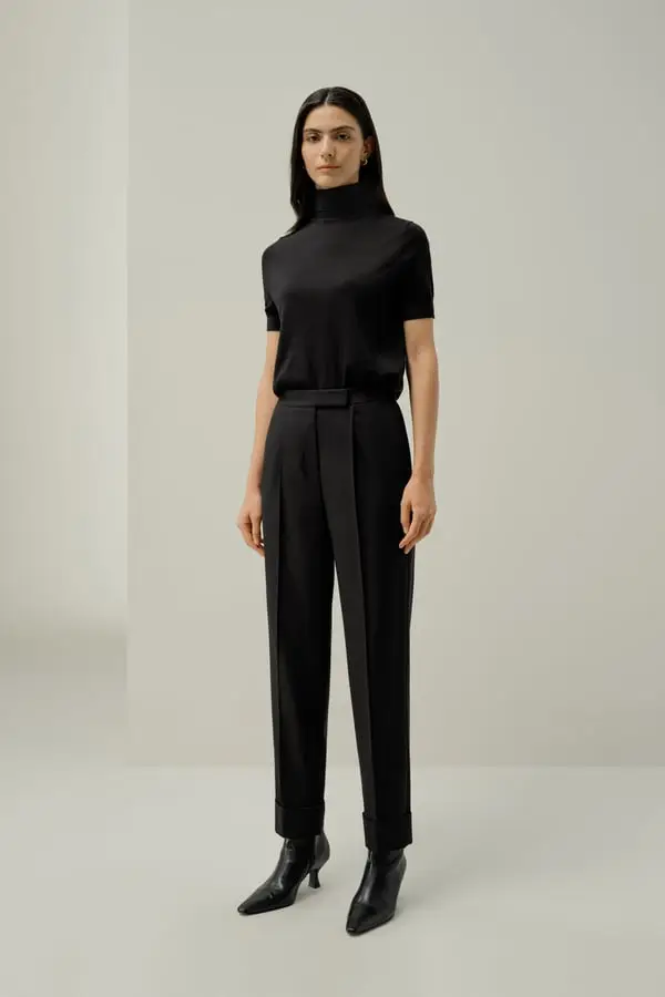 Pantaloni Donna Sartoriali in Seta-Lana Eleganti con Piega Frontale Nero