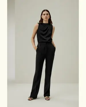 Pantaloni Donna Seta Jacquard Di Setassgeorgette Di Seta Georgette Di Seta Vestibilità Comoda Nero