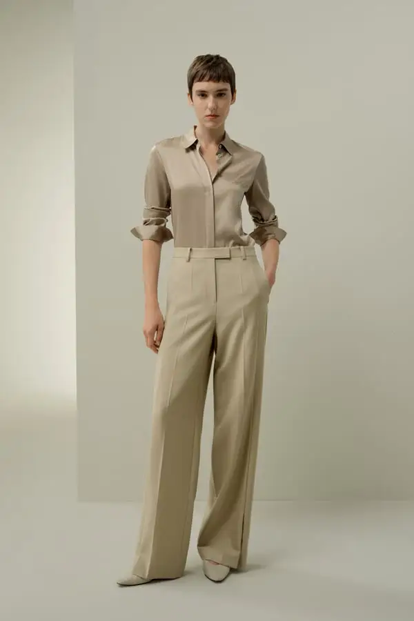 Pantaloni Dritti Lana Seta Donna Eleganti Lavabili Mandorla