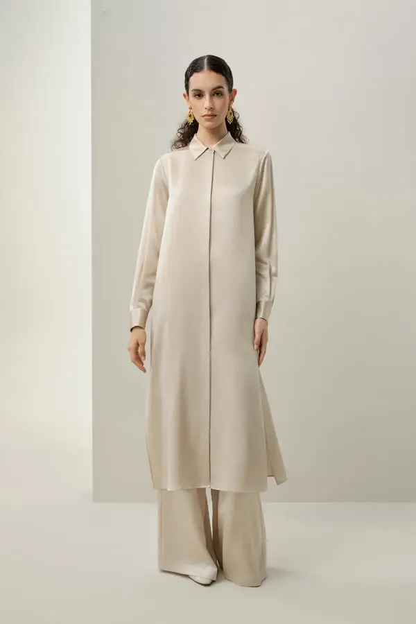 Pantaloni Eleganti in Seta Stretch Luminosi a Zampa Larga Caffè Brillante