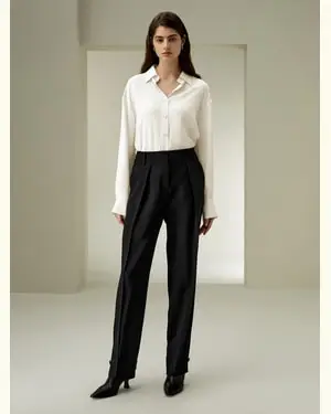 Pantaloni In Lana Eleganti Una Classica Silhouette A Gamba Largalana-Seta Lana-Seta Adatto A Molteplici Occasioni Nero