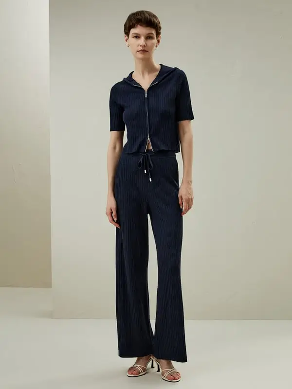 Pantaloni In Maglina Donna Laccetto In Vita Lana Lana e Seta Resiste Durante Tutte Le Stagioni Leggero E Traspirante Blu-Marino