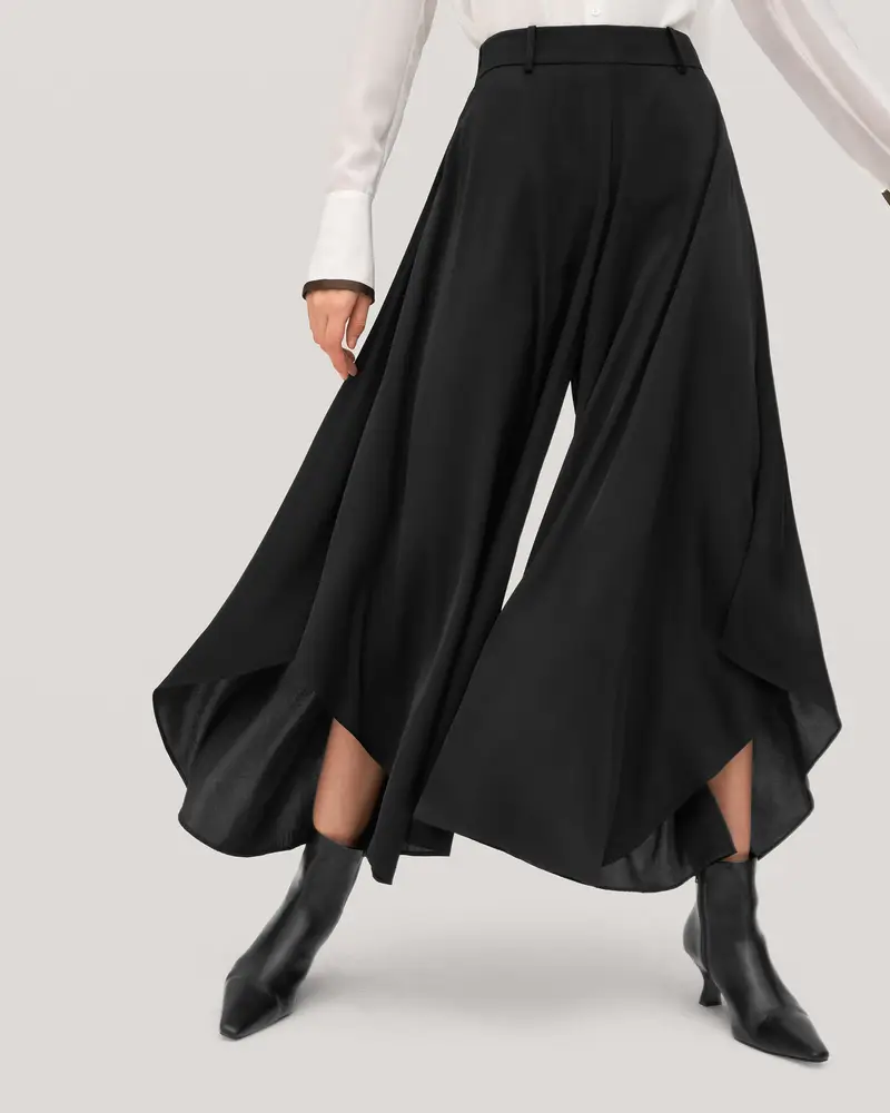 Pantaloni In Seta Donna Nero Gamba Larga, Vita Alta 100% Seta Pura Più Duraturo E Più Rispettoso Dell'Ambiente