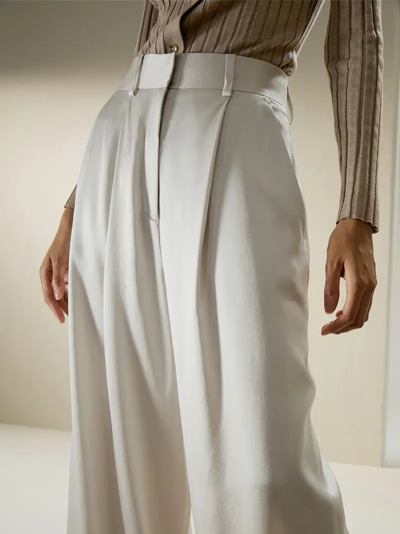Pantaloni In Seta Eleganti Donna Chiaro Grigio Vita Alta, Stile Elegante 100% Seta Naturale Privi Di Sostanze Chimiche Nocive