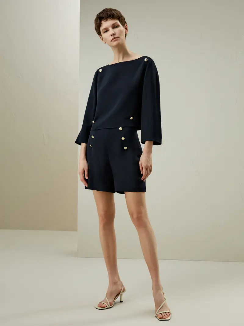 Pantaloni In Seta Eleganti Pantaloncini Di Seta In Stile Navy Crêpe De Chine Di Seta Drappeggia Bene Blu Navy