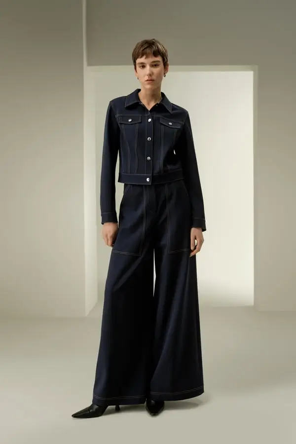 Lilysilk Pantaloni donna gamba ampia in lana blu marino