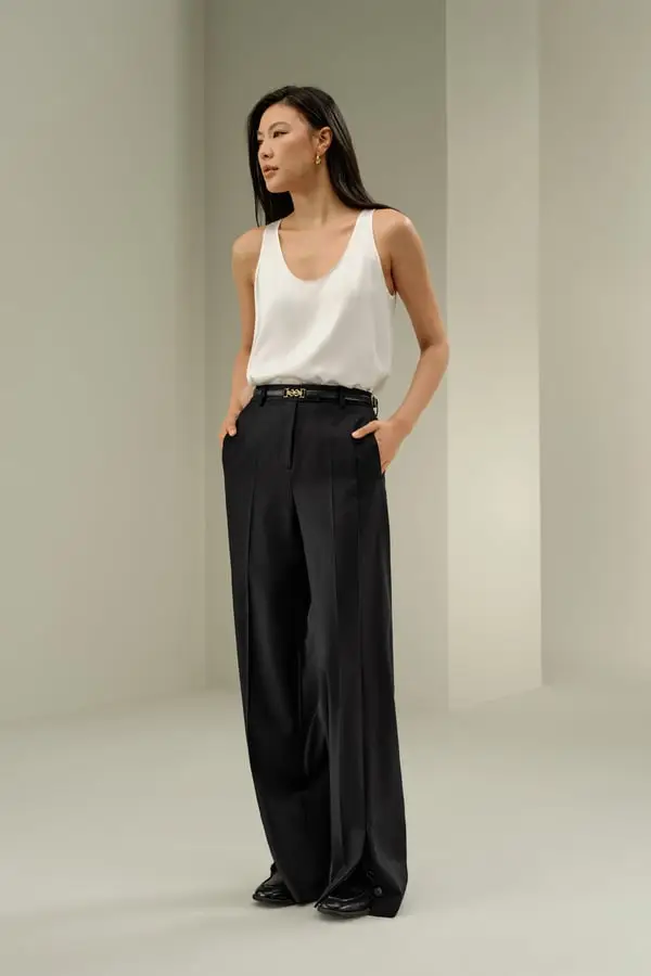 Pantaloni Lana e Seta Donna Neri e Versatili a Gamba Dritta Nero