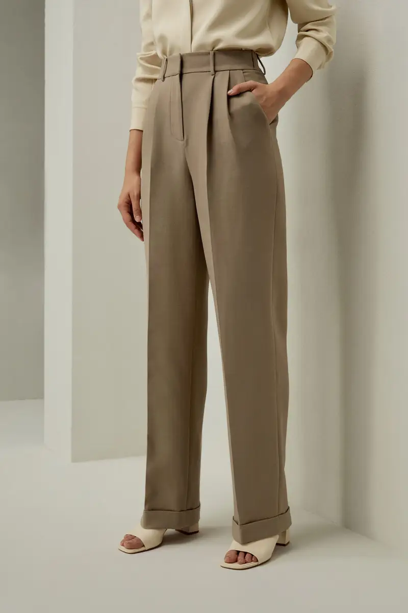 Pantaloni Larghi Seta Pantaloni Minimalisti70% Lana, 30% Seta 70% Lana, 30% Seta Di Facile Manutenzione Cachi