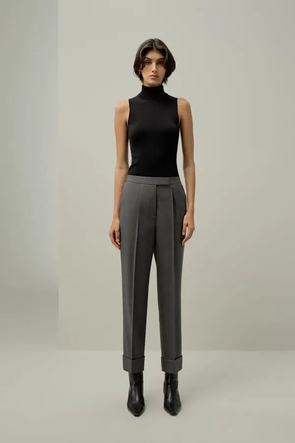 Pantaloni Sartoriali Donna in Seta e Lana con Piega Frontale Fuliggine