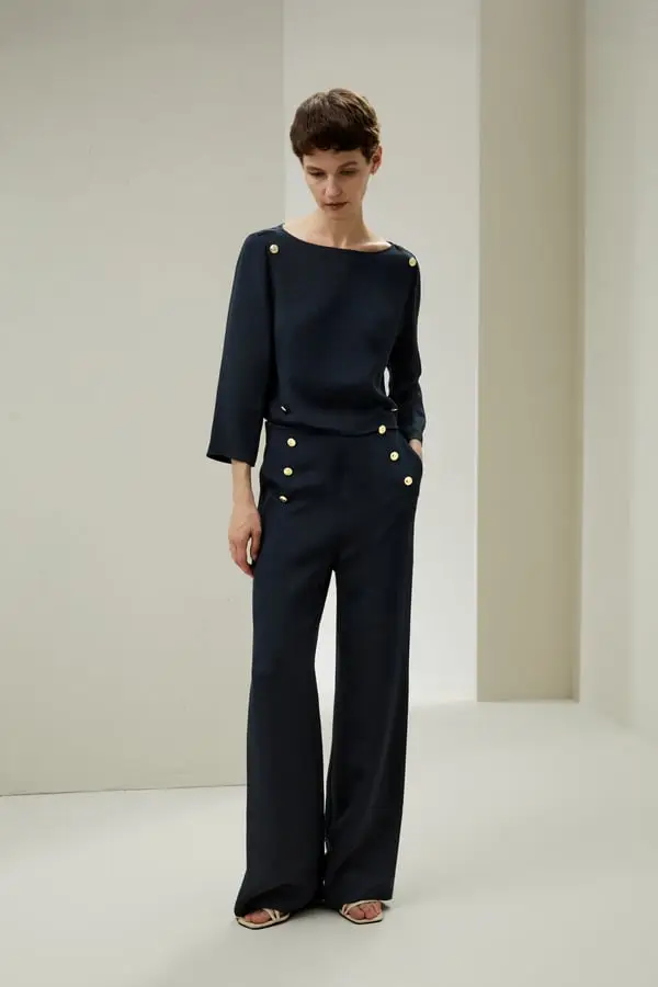 Pantaloni Seta Donna Eleganti Blu Notte Crêpe de Chine 30 Momme Gamba Larga