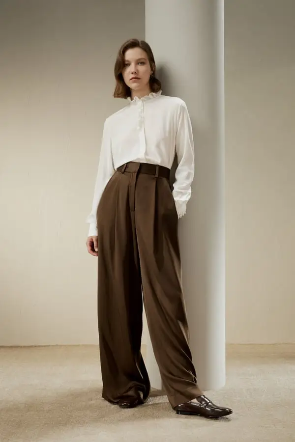 Pantaloni Seta Donna Eleganti Verdastro Vita Alta, Gamba Larga, Seta Gelso 30 Momme, Morbidi e Lussuosi