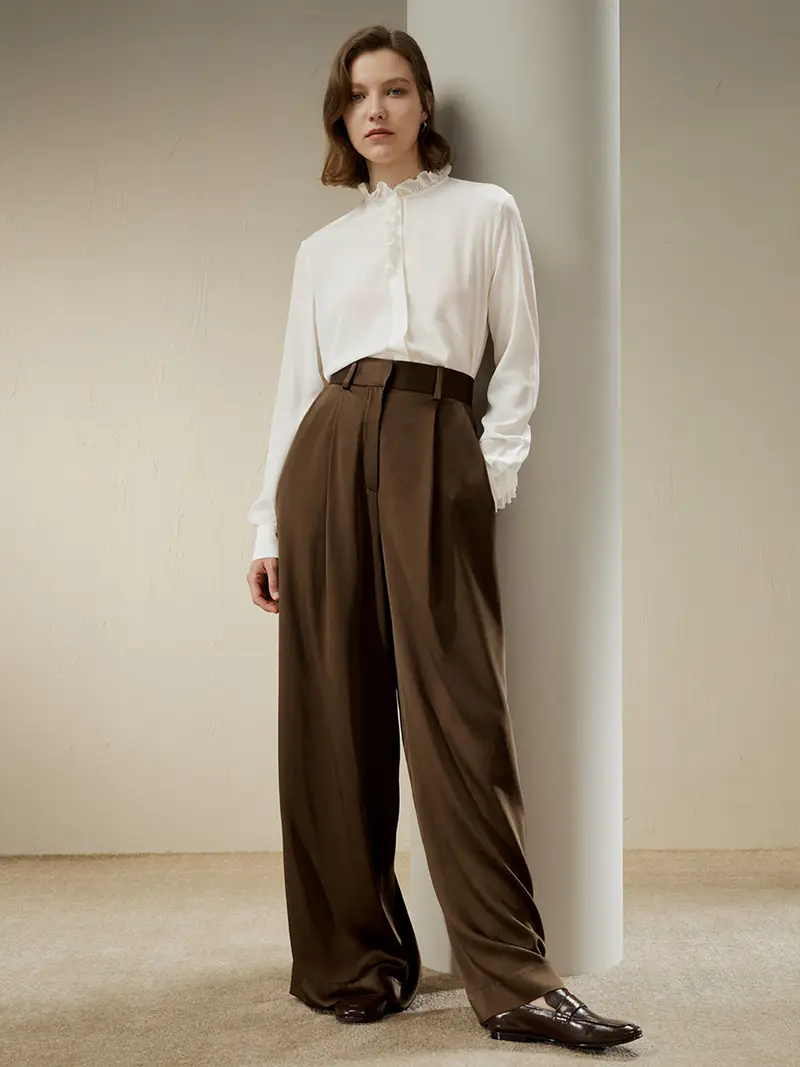 Pantaloni Seta Donna Verdastro Stile Chic, Passanti Per Cintura 100% Seta Pura Privo Di Sostanze Chimiche Nocive
