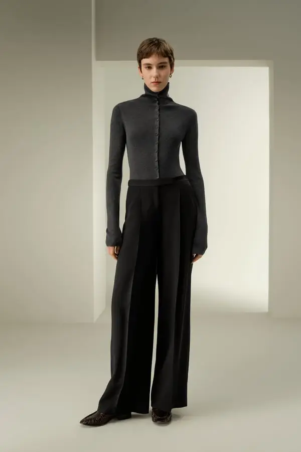 Pantaloni Seta e Lana a Gamba Larga Neri e Traspiranti Nero