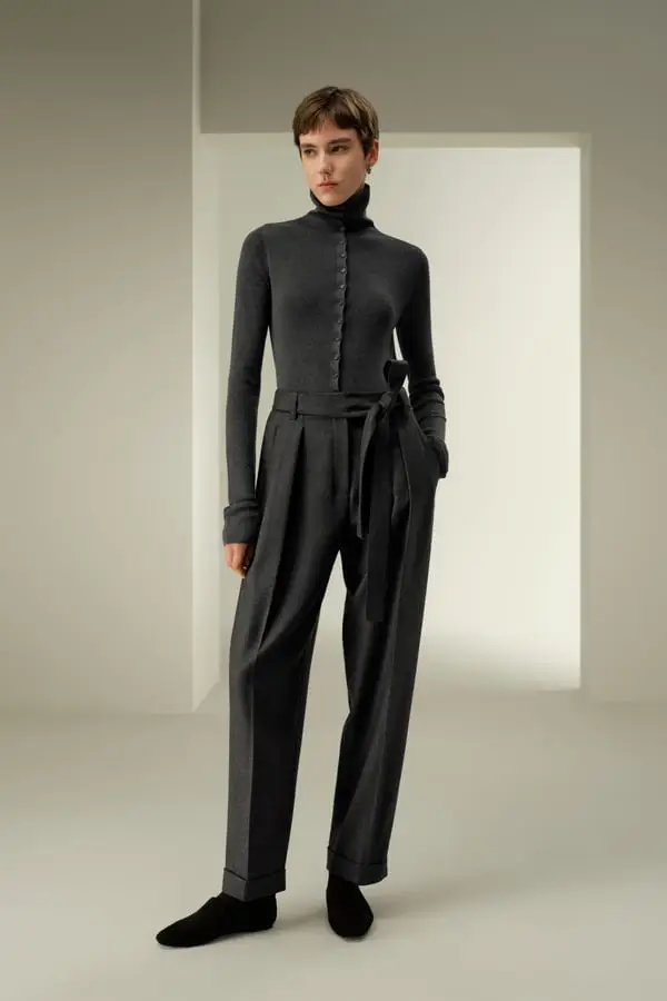 Pantaloni Seta e Lana a Gamba Larga Nero Tartufo Eleganti con Piega Tartufo nero