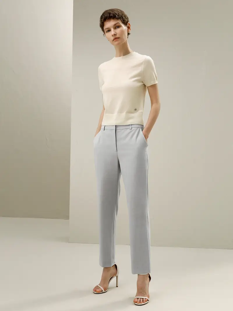 Pantaloni Seta Eleganti Donna Tasche Laterali Lana Merino Italiana Semplice Ma Raffinato Grigio