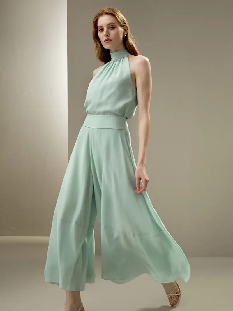 Pantaloni Seta Eleganti Menta Verde Cintura Larga, Sensazione Di Fluidità 100% Seta Naturale Rispettoso Della Pelle E Traspirante