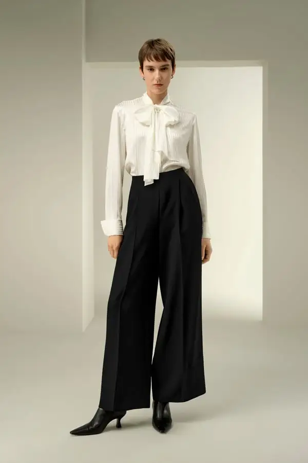 Pantaloni Seta Eleganti Nero Larga, Elastico, Crepe Seta Pesante